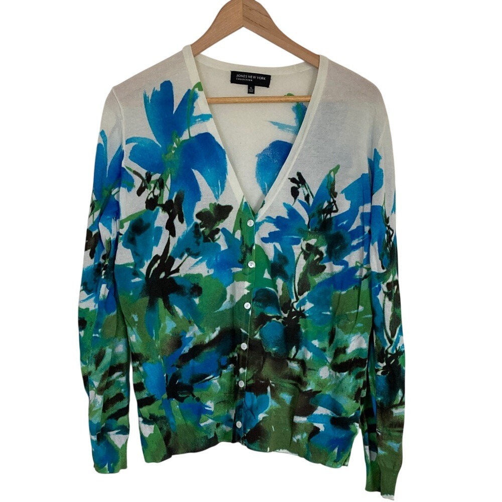 Jones New York Blue Green Floral V-Neck Button Front Cardigan Size XL Cotton Mix
